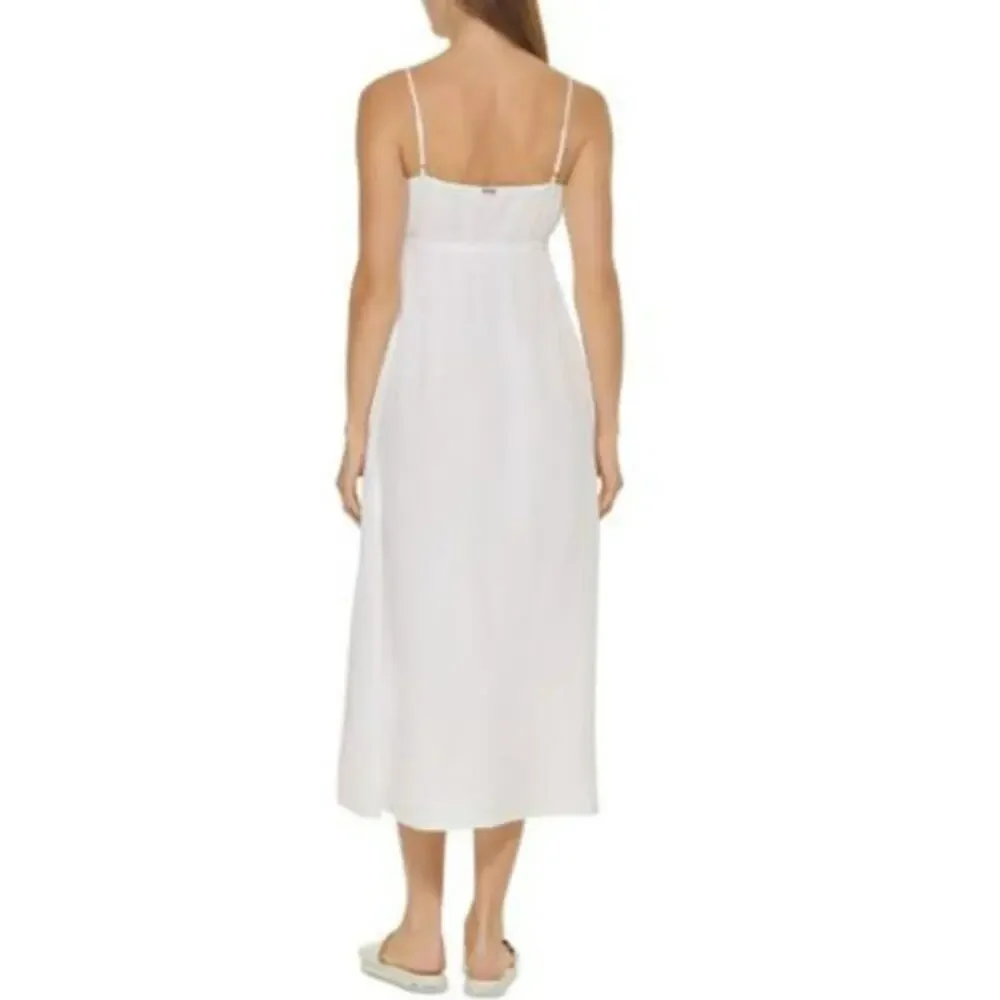 DKNY White V Neck Front Tie Maxi Dress Cover Up Women's Medium‎ Beach Pool